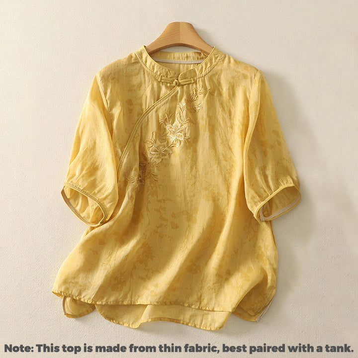 Buddha Stones Embroidery Frog-Button Mandarin Collar Cotton Women's Half Sleeves Shirt - image 8