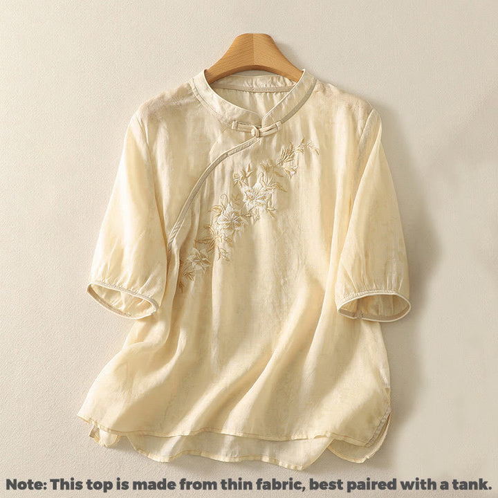 Buddha Stones Embroidery Frog-Button Mandarin Collar Cotton Women's Half Sleeves Shirt - image 2