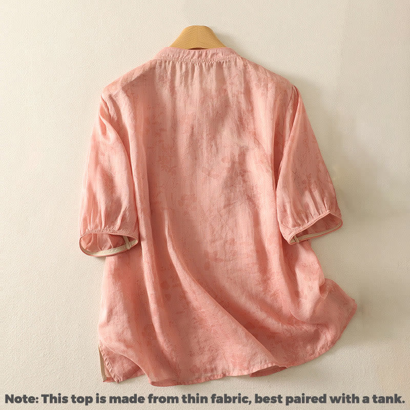 Buddha Stones Embroidery Frog-Button Mandarin Collar Cotton Women's Half Sleeves Shirt - image 15