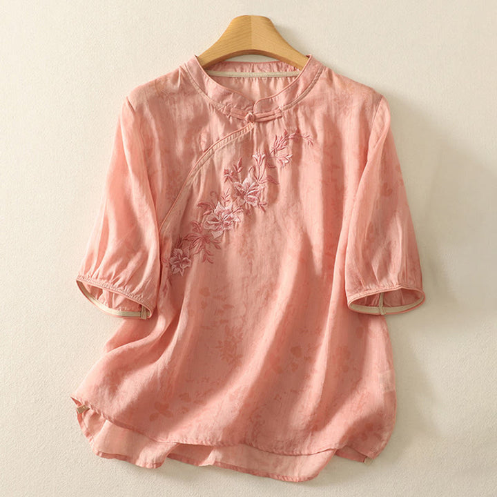 Buddha Stones Embroidery Frog-Button Mandarin Collar Cotton Women's Half Sleeves Shirt - image 14