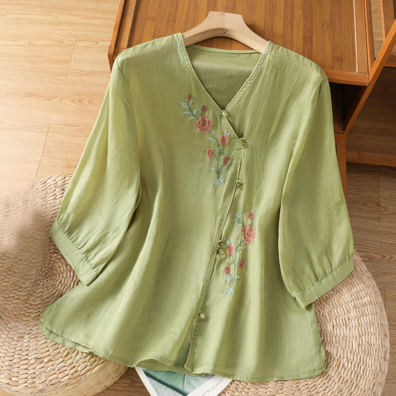 Buddha Stones Embroidered Flowers Cotton Women's V-neck Shirt - YellowGreen - US12,UK/AU16,EU44 (2XL) - image 8