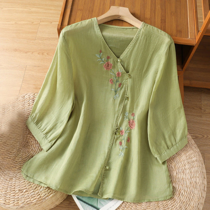 Buddha Stones Embroidered Flowers Cotton Women's V-neck Shirt - YellowGreen - US12,UK/AU16,EU44 (2XL) - image 8
