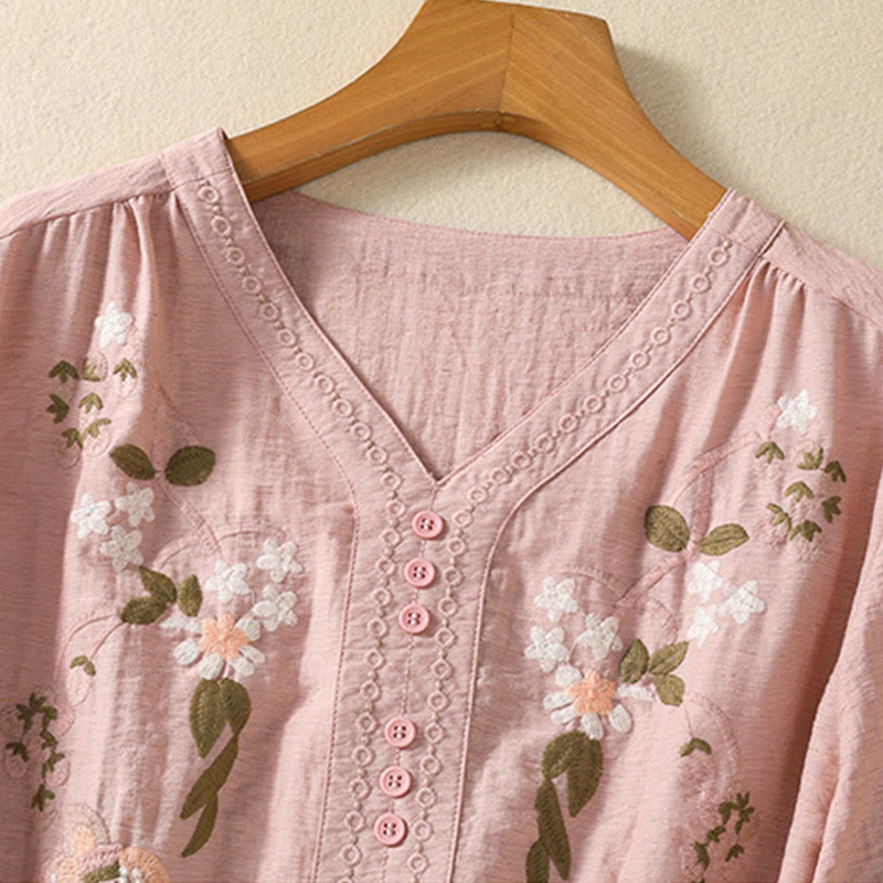 Buddha Stones Embroidery Flowers Leaves Cotton Women's V-neck Shirt - image 3