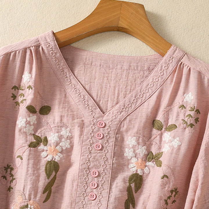 Buddha Stones Embroidery Flowers Leaves Cotton Women's V-neck Shirt - image 3