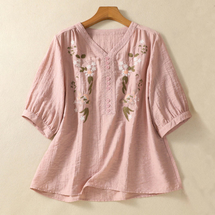 Buddha Stones Embroidery Flowers Leaves Cotton Women's V-neck Shirt - Pink - US14,UK/AU18,EU46 (2XL) - image 1