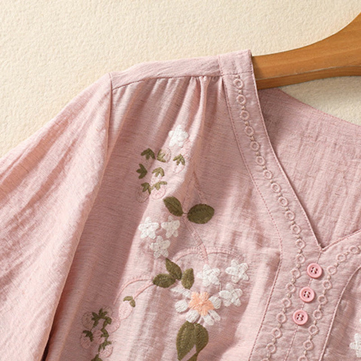 Buddha Stones Embroidery Flowers Leaves Cotton Women's V-neck Shirt - image 5