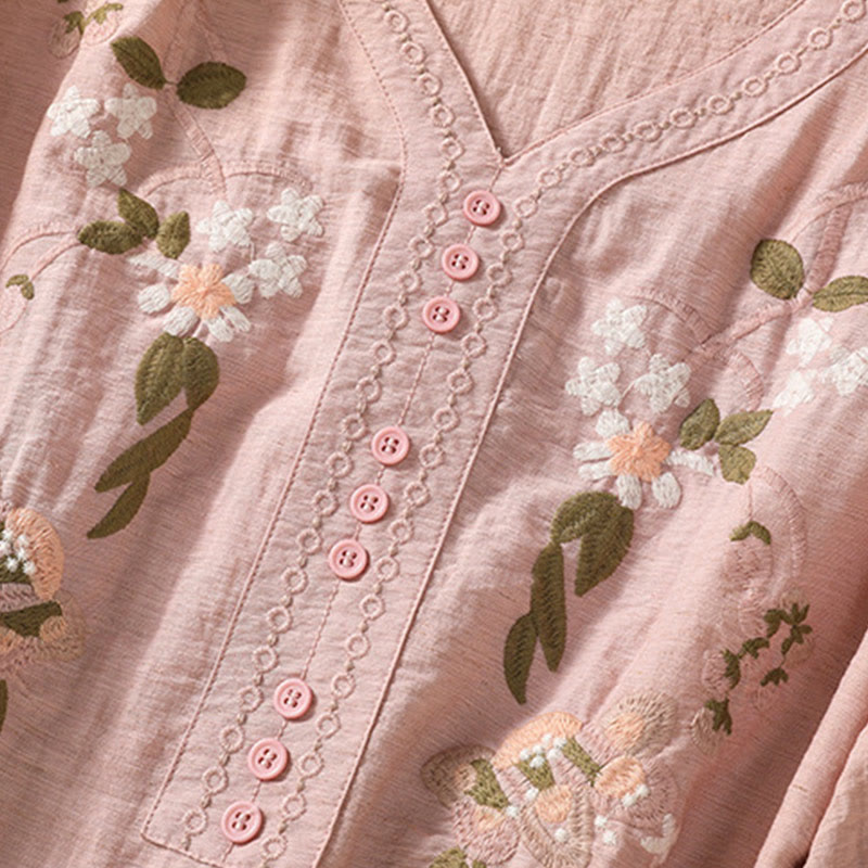 Buddha Stones Embroidery Flowers Leaves Cotton Women's V-neck Shirt - image 6