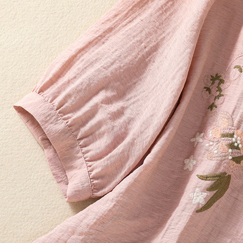 Buddha Stones Embroidery Flowers Leaves Cotton Women's V-neck Shirt - image 7