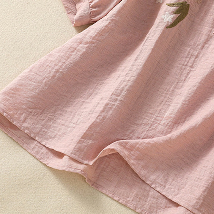 Buddha Stones Embroidery Flowers Leaves Cotton Women's V-neck Shirt - image 9