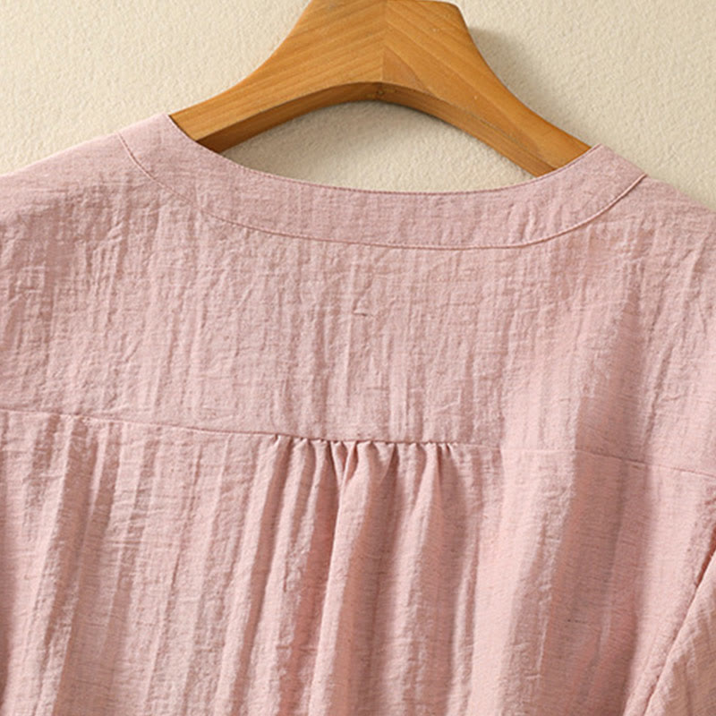 Buddha Stones Embroidery Flowers Leaves Cotton Women's V-neck Shirt - image 4