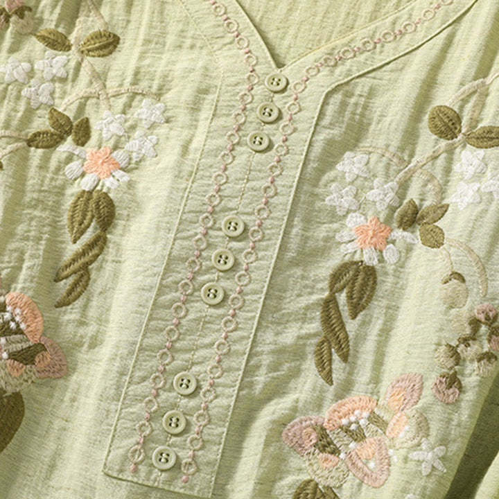 Buddha Stones Embroidery Flowers Leaves Cotton Women's V-neck Shirt - image 16