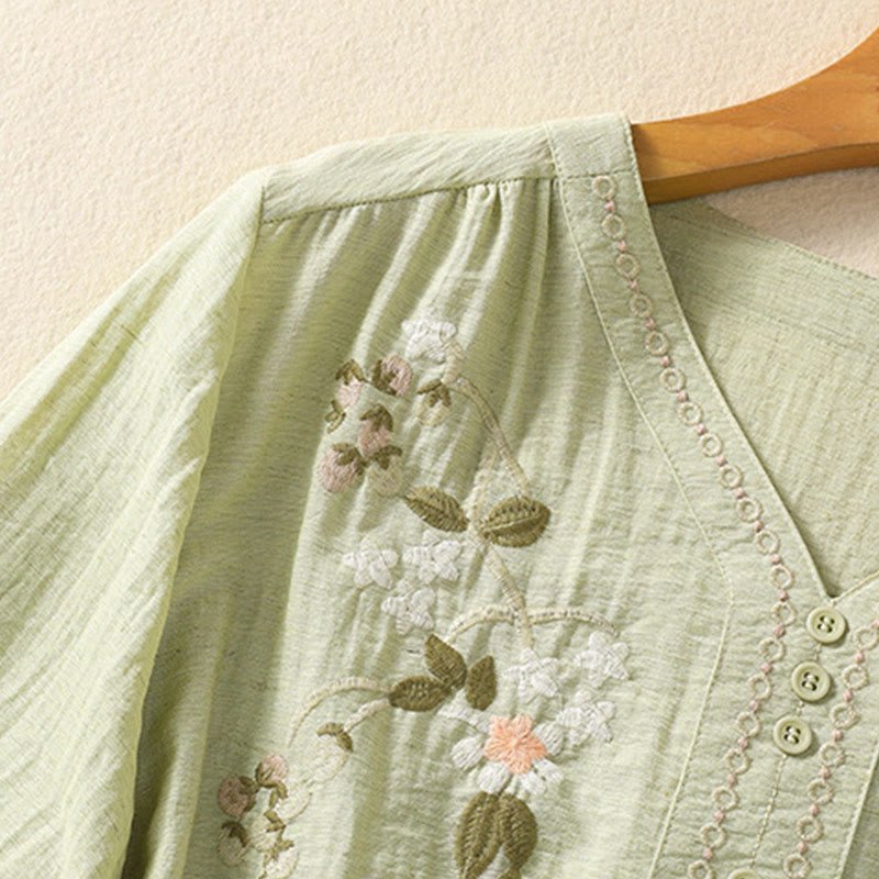 Buddha Stones Embroidery Flowers Leaves Cotton Women's V-neck Shirt - image 15