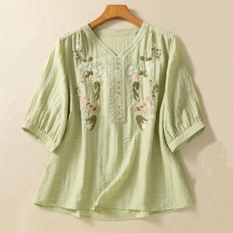 Buddha Stones Embroidery Flowers Leaves Cotton Women's V-neck Shirt - LightGreen - US14,UK/AU18,EU46 (2XL) - image 11