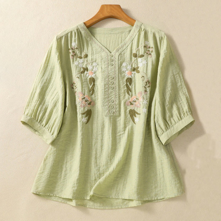 Buddha Stones Embroidery Flowers Leaves Cotton Women's V-neck Shirt - LightGreen - US14,UK/AU18,EU46 (2XL) - image 11