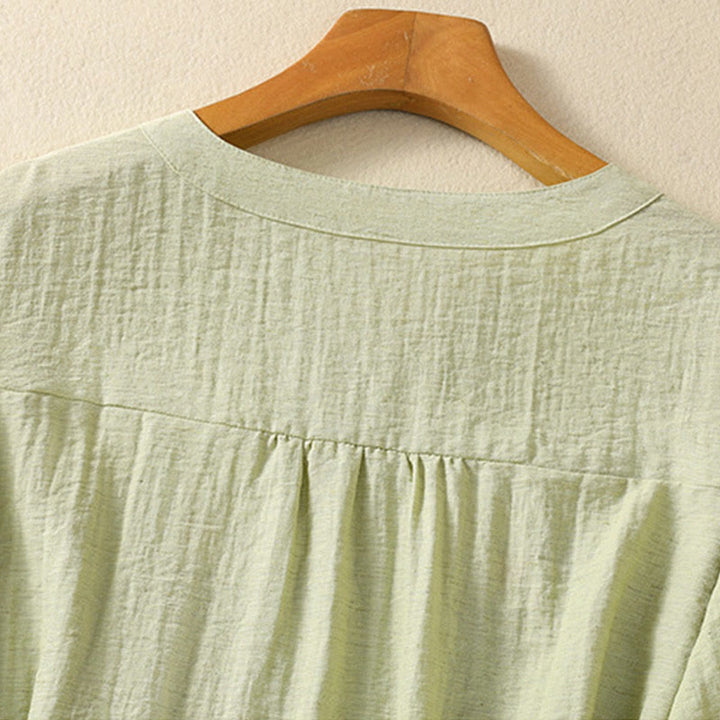 Buddha Stones Embroidery Flowers Leaves Cotton Women's V-neck Shirt - image 14