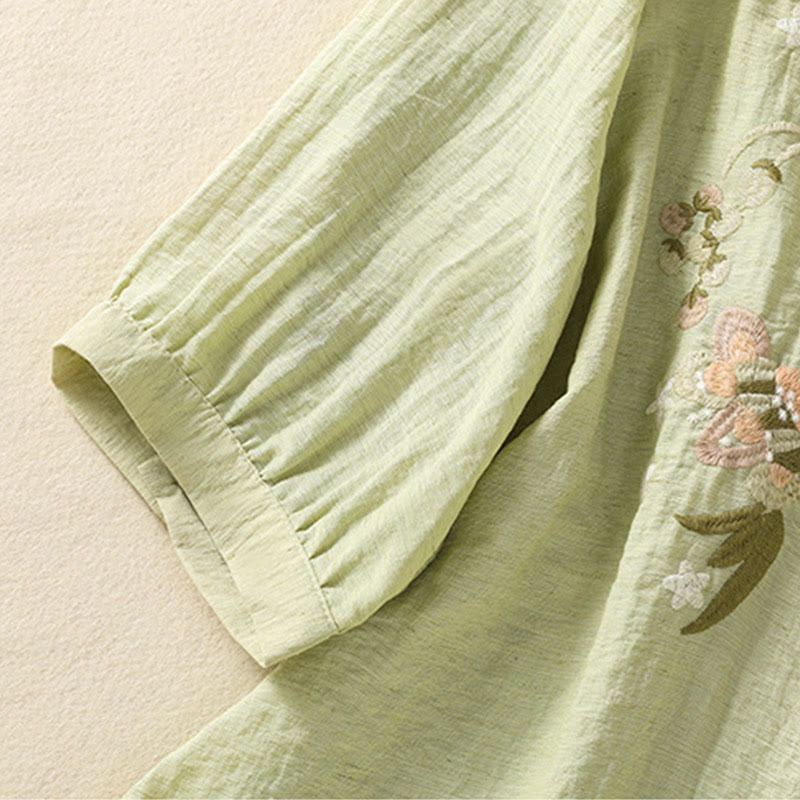 Buddha Stones Embroidery Flowers Leaves Cotton Women's V-neck Shirt - image 17