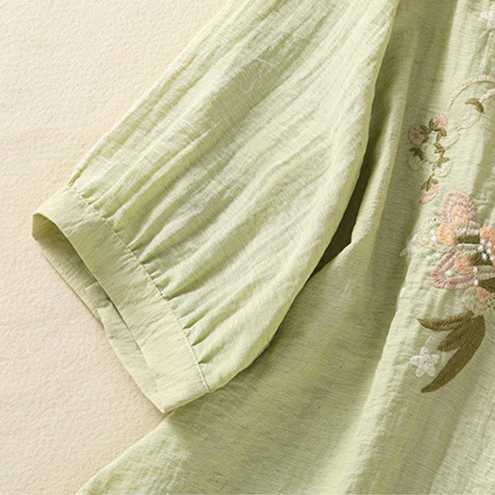 Buddha Stones Embroidery Flowers Leaves Cotton Women's V-neck Shirt - image 17