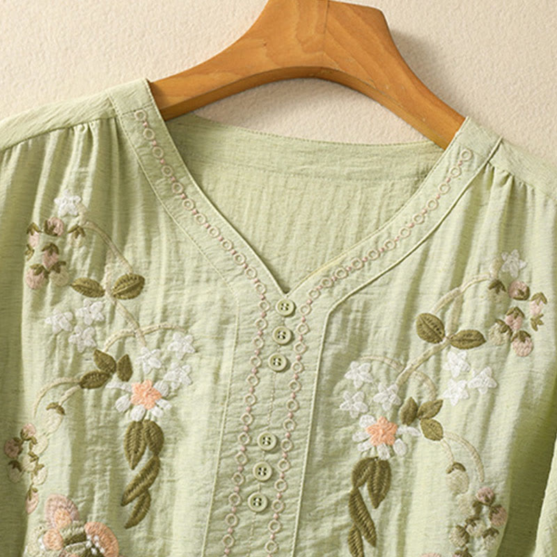 Buddha Stones Embroidery Flowers Leaves Cotton Women's V-neck Shirt - image 13