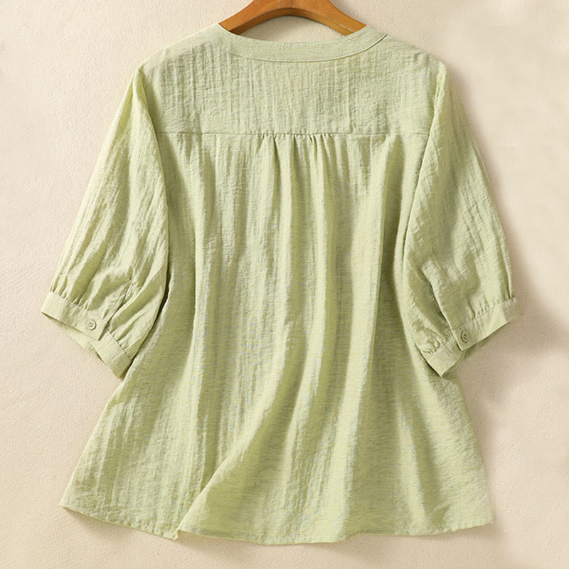 Buddha Stones Embroidery Flowers Leaves Cotton Women's V-neck Shirt - image 12