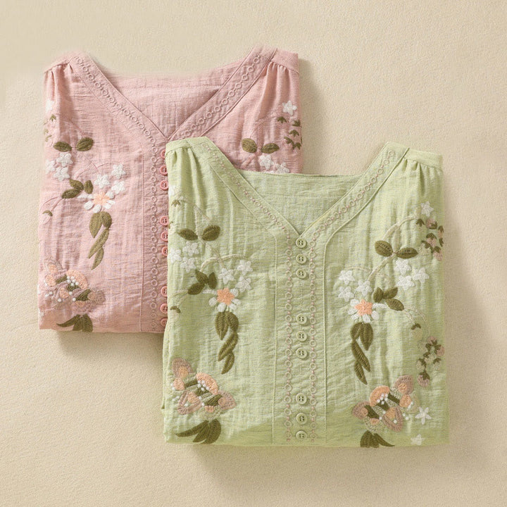 Buddha Stones Embroidery Flowers Leaves Cotton Women's V-neck Shirt - image 21