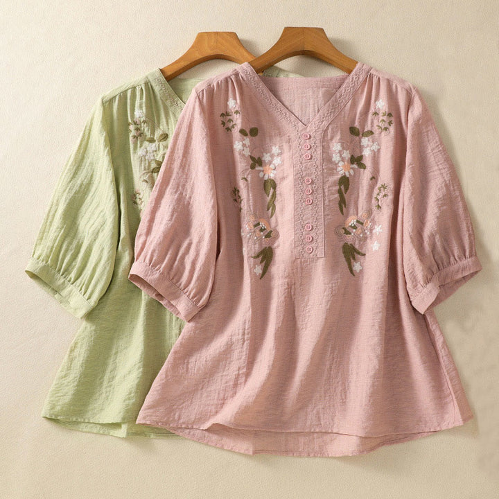 Buddha Stones Embroidery Flowers Leaves Cotton Women's V-neck Shirt - image 20