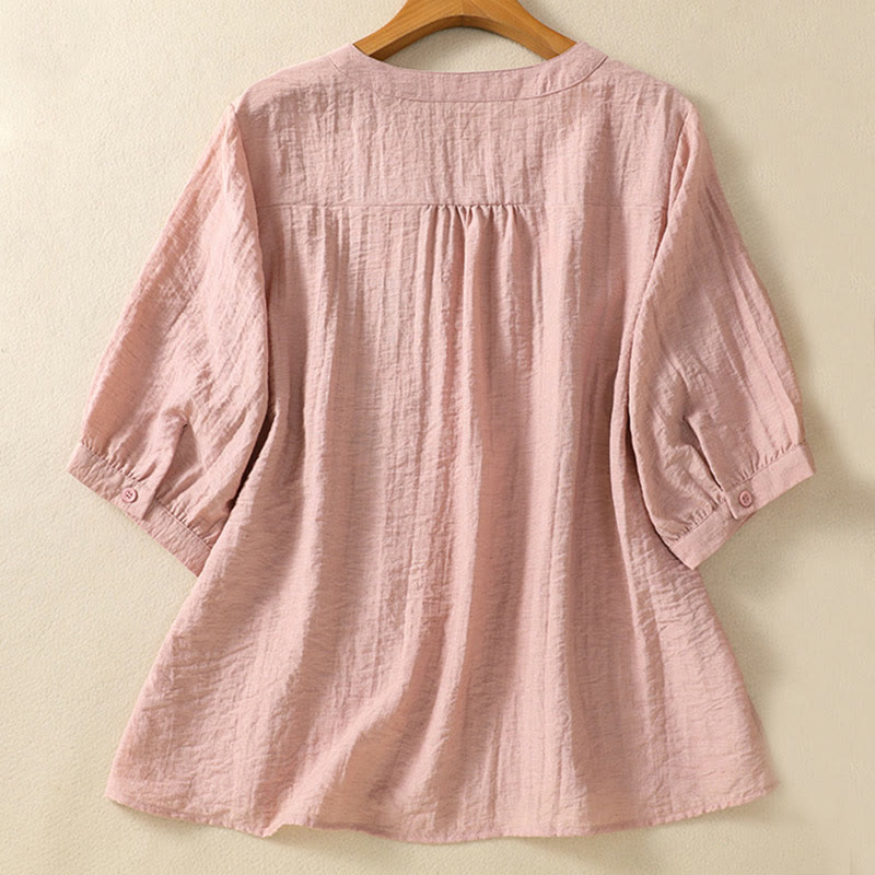 Buddha Stones Embroidery Flowers Leaves Cotton Women's V-neck Shirt - image 2