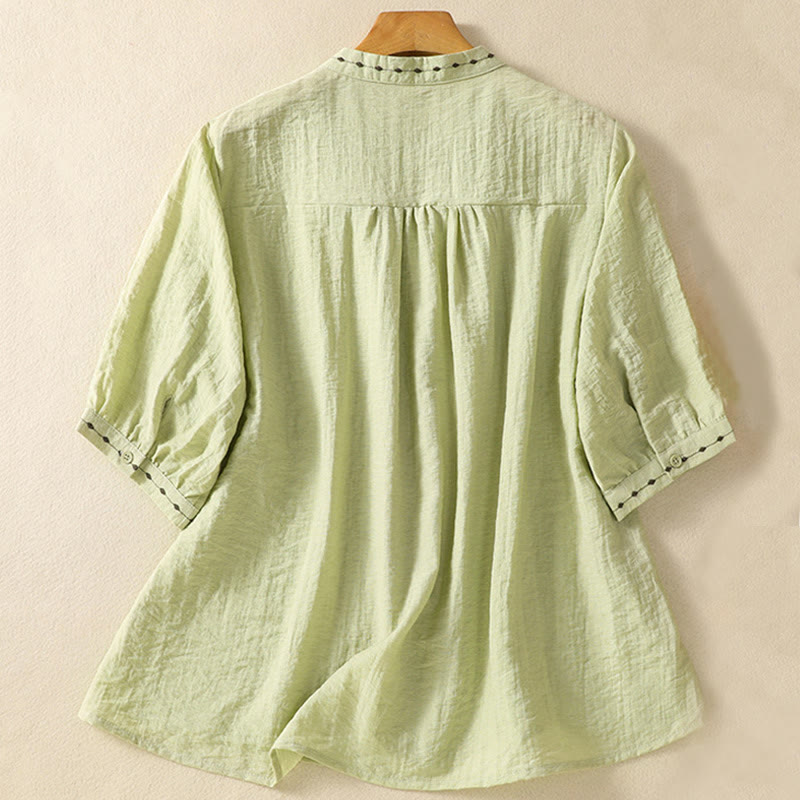 Buddha Stones Embroidery Design Cotton Button Women's Crew Neck Shirt - image 2