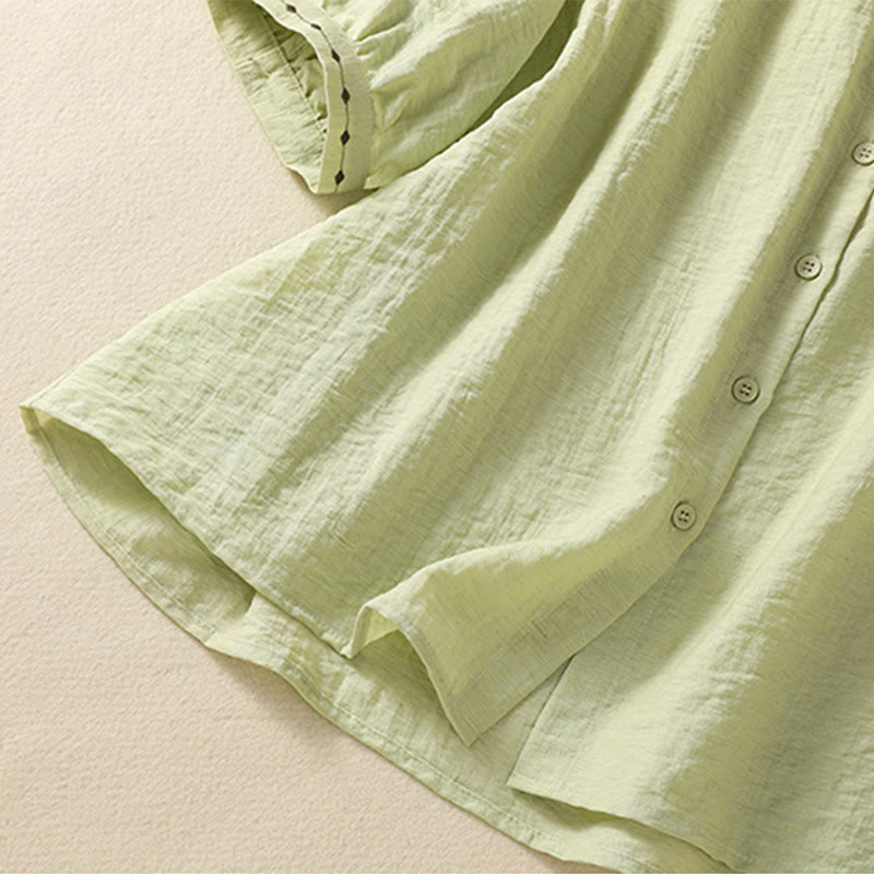 Buddha Stones Embroidery Design Cotton Button Women's Crew Neck Shirt - image 6