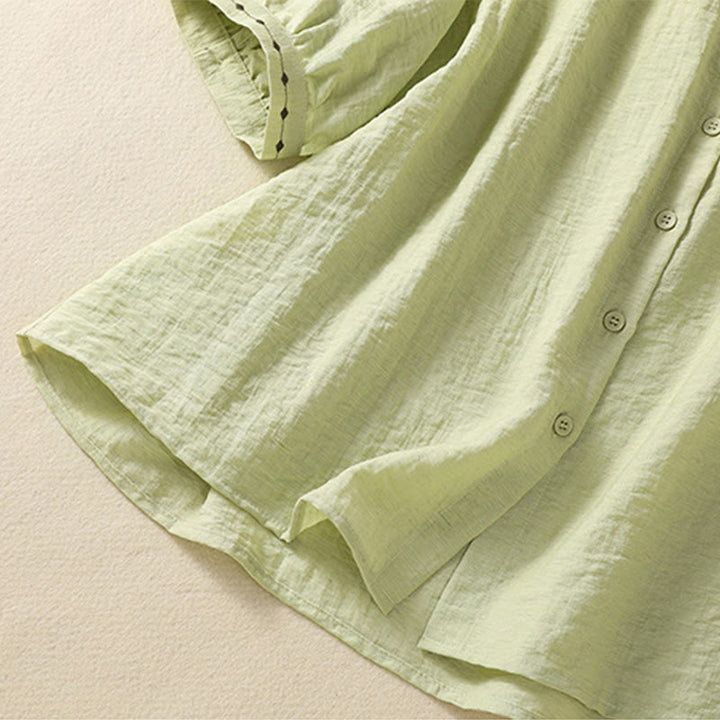 Buddha Stones Embroidery Design Cotton Button Women's Crew Neck Shirt - image 6