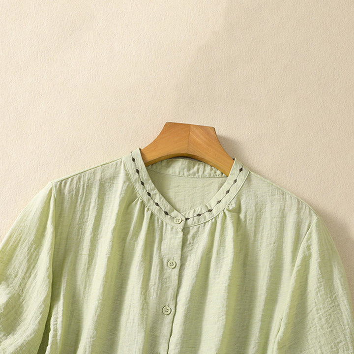 Buddha Stones Embroidery Design Cotton Button Women's Crew Neck Shirt - image 3