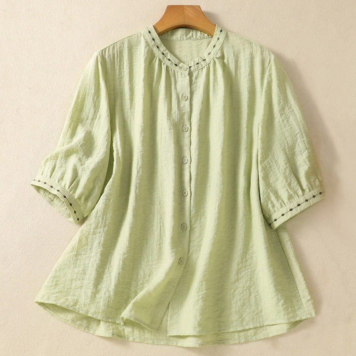 Buddha Stones Embroidery Design Cotton Button Women's Crew Neck Shirt - LightGreen - US14,UK/AU18,EU46 (2XL) - image 1