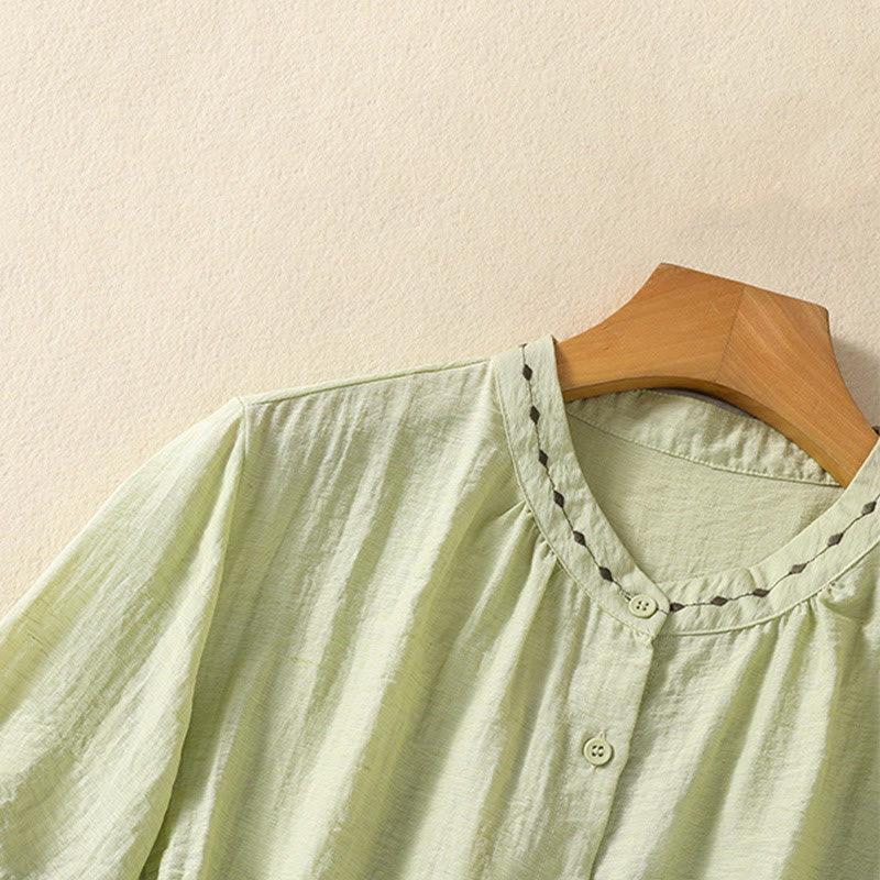 Buddha Stones Embroidery Design Cotton Button Women's Crew Neck Shirt - image 5