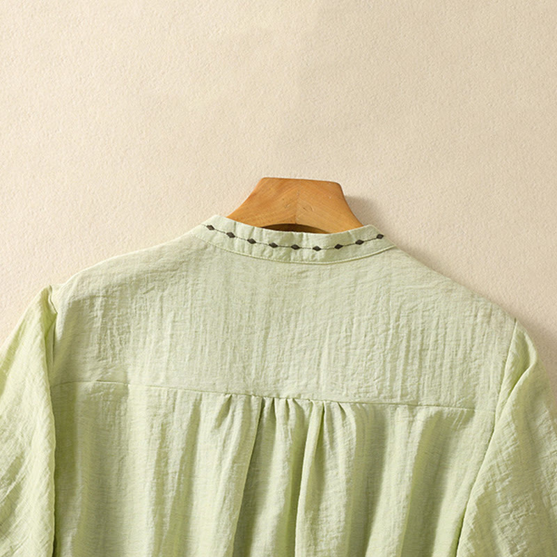 Buddha Stones Embroidery Design Cotton Button Women's Crew Neck Shirt - image 4