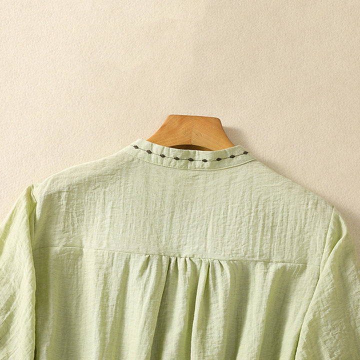 Buddha Stones Embroidery Design Cotton Button Women's Crew Neck Shirt - image 4