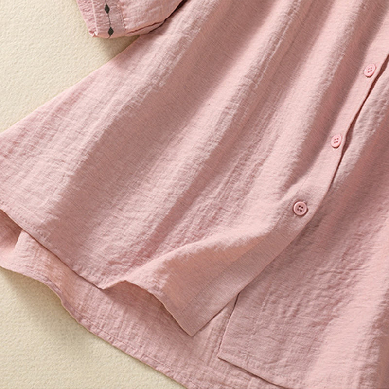 Buddha Stones Embroidery Design Cotton Button Women's Crew Neck Shirt - image 14