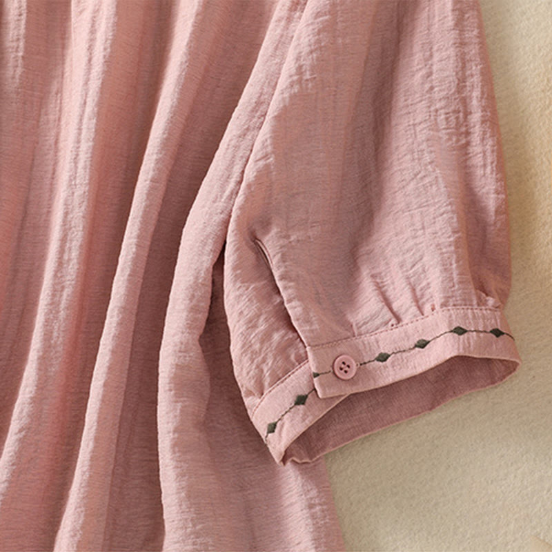 Buddha Stones Embroidery Design Cotton Button Women's Crew Neck Shirt - image 17