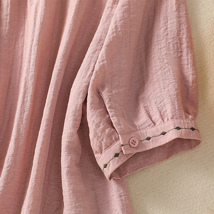 Buddha Stones Embroidery Design Cotton Button Women's Crew Neck Shirt - image 17