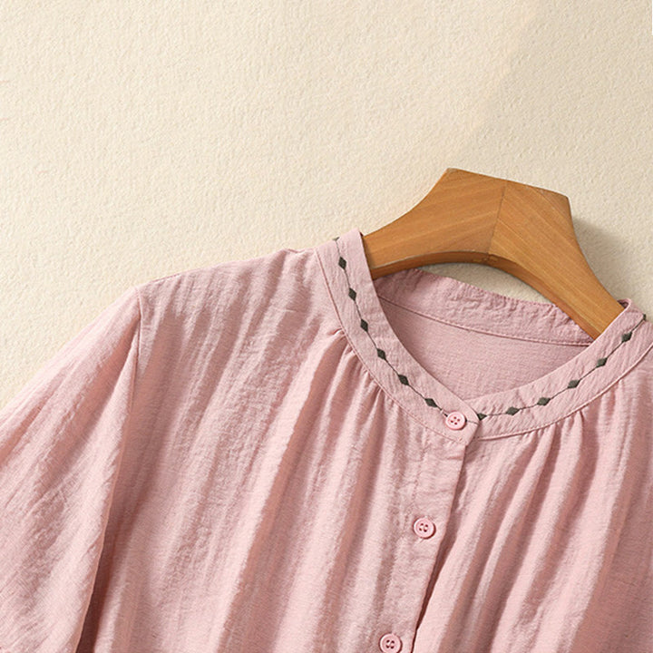 Buddha Stones Embroidery Design Cotton Button Women's Crew Neck Shirt - image 12