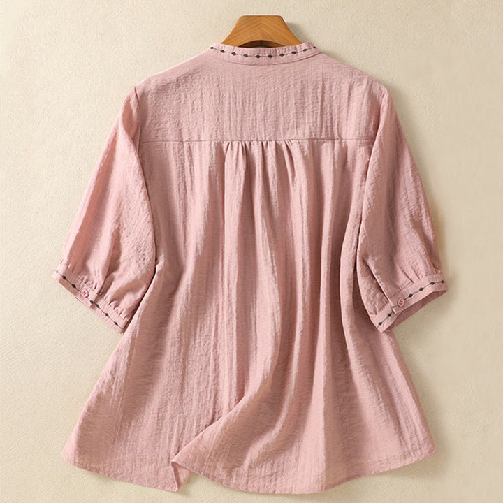 Buddha Stones Embroidery Design Cotton Button Women's Crew Neck Shirt - image 11