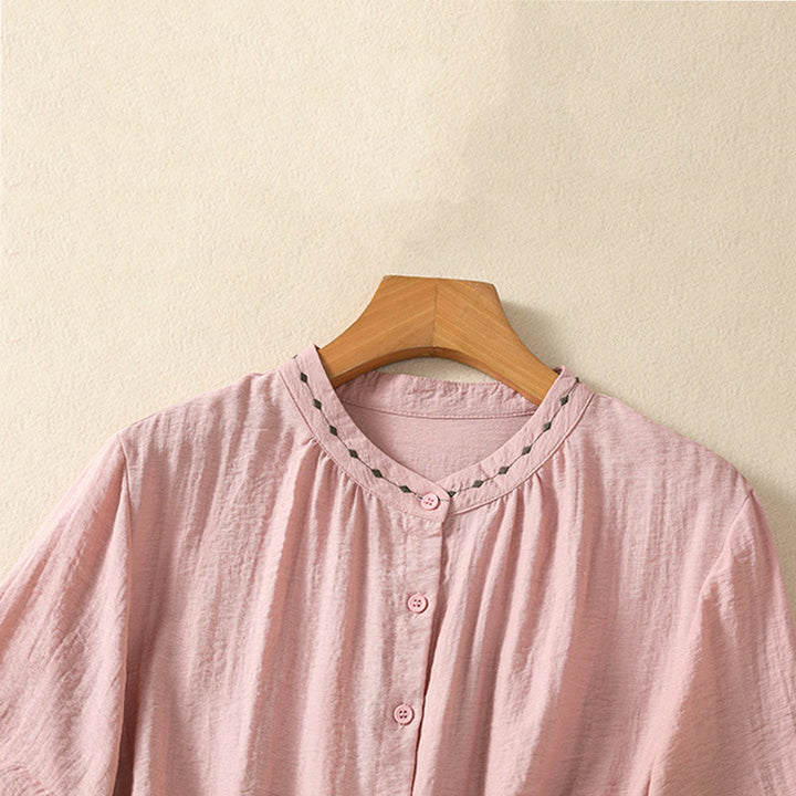 Buddha Stones Embroidery Design Cotton Button Women's Crew Neck Shirt - image 18