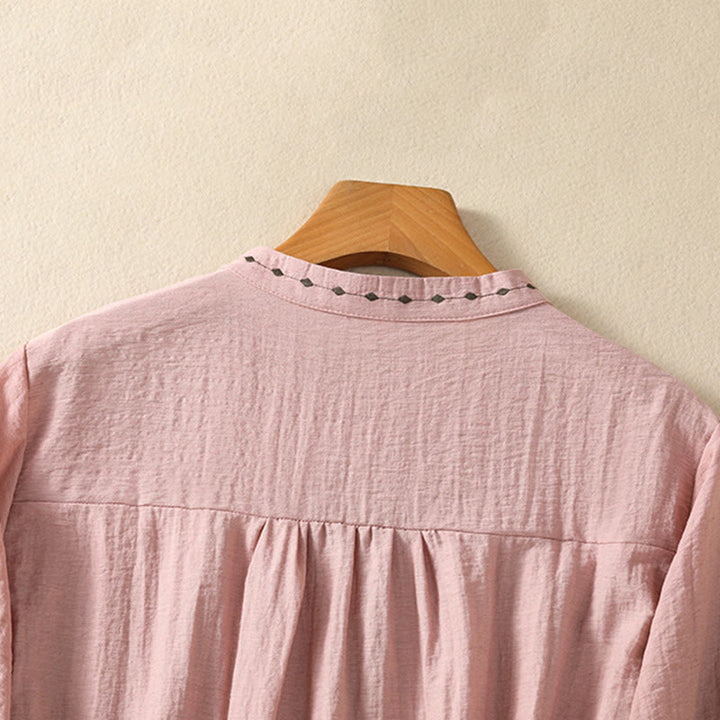 Buddha Stones Embroidery Design Cotton Button Women's Crew Neck Shirt - image 13