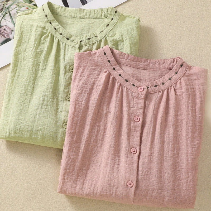 Buddha Stones Embroidery Design Cotton Button Women's Crew Neck Shirt - image 21