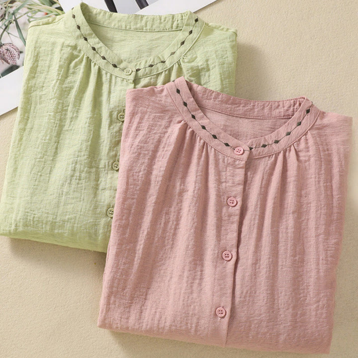 Buddha Stones Embroidery Design Cotton Button Women's Crew Neck Shirt - image 21