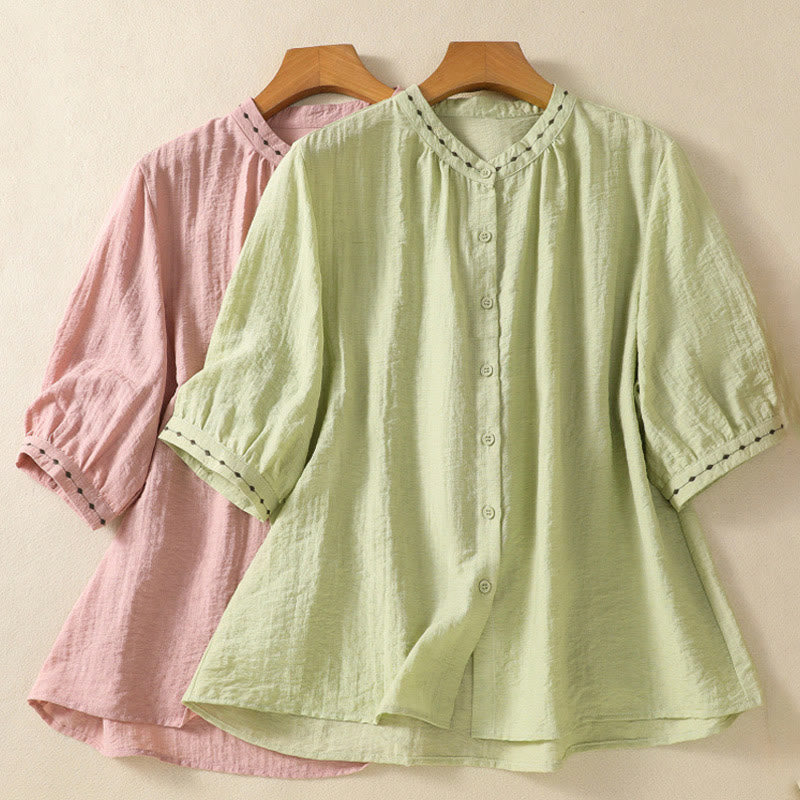 Buddha Stones Embroidery Design Cotton Button Women's Crew Neck Shirt - image 20