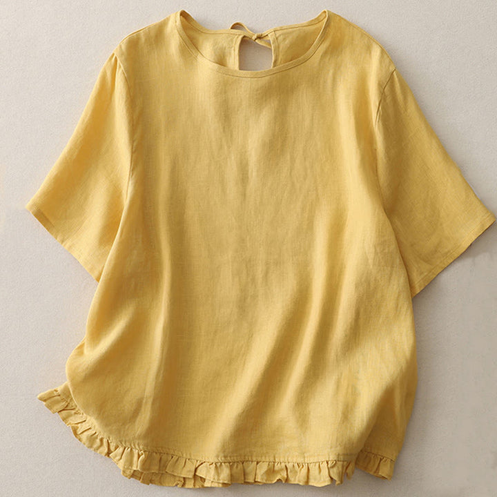 Buddha Stones Casual Plain Ruffled Hem Crew Neck Tie Women's Polyester T-shirt - Gold - US8-10,UK/AU12-14,EU40-42 (2XL) - image 1