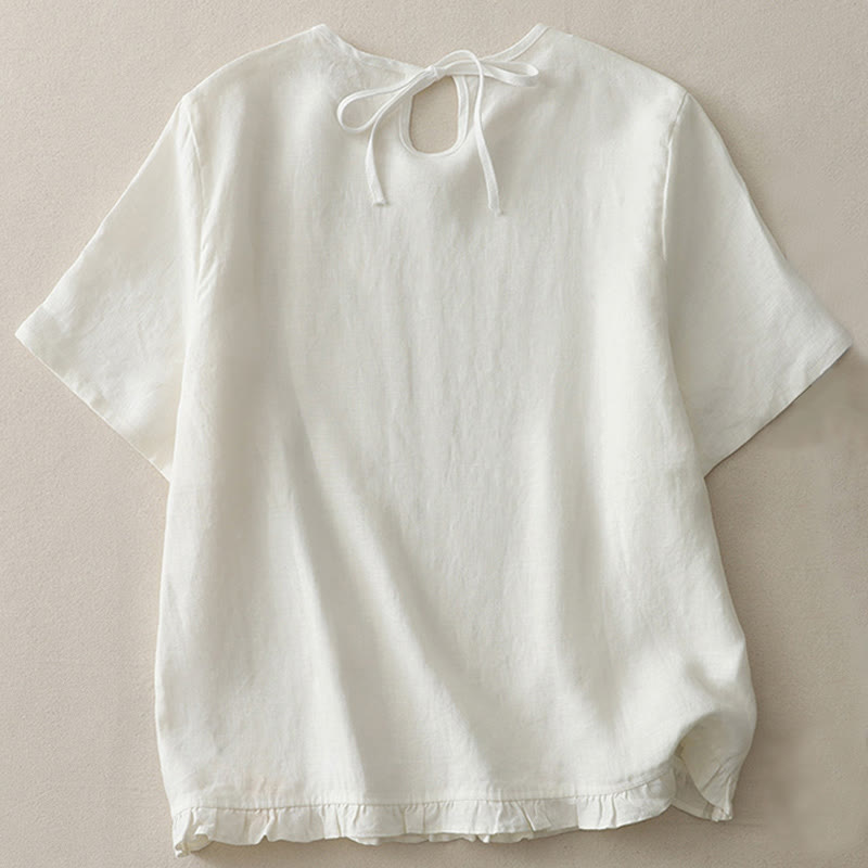 Buddha Stones Casual Plain Ruffled Hem Crew Neck Tie Women's Polyester T-shirt - White - US8-10,UK/AU12-14,EU40-42 (2XL) - image 6