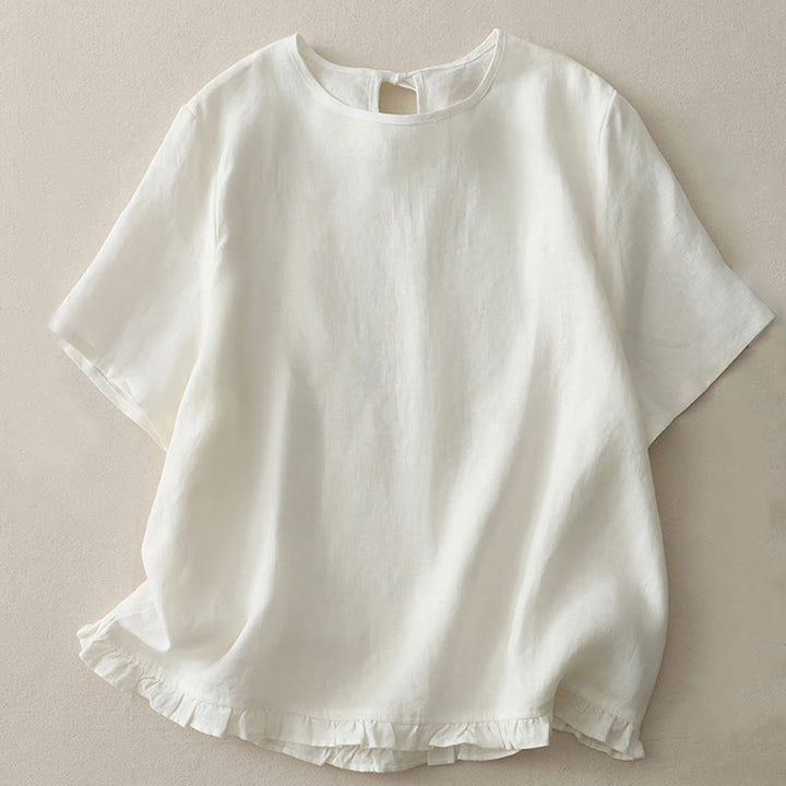 Buddha Stones Casual Plain Ruffled Hem Crew Neck Tie Women's Polyester T-shirt - image 8