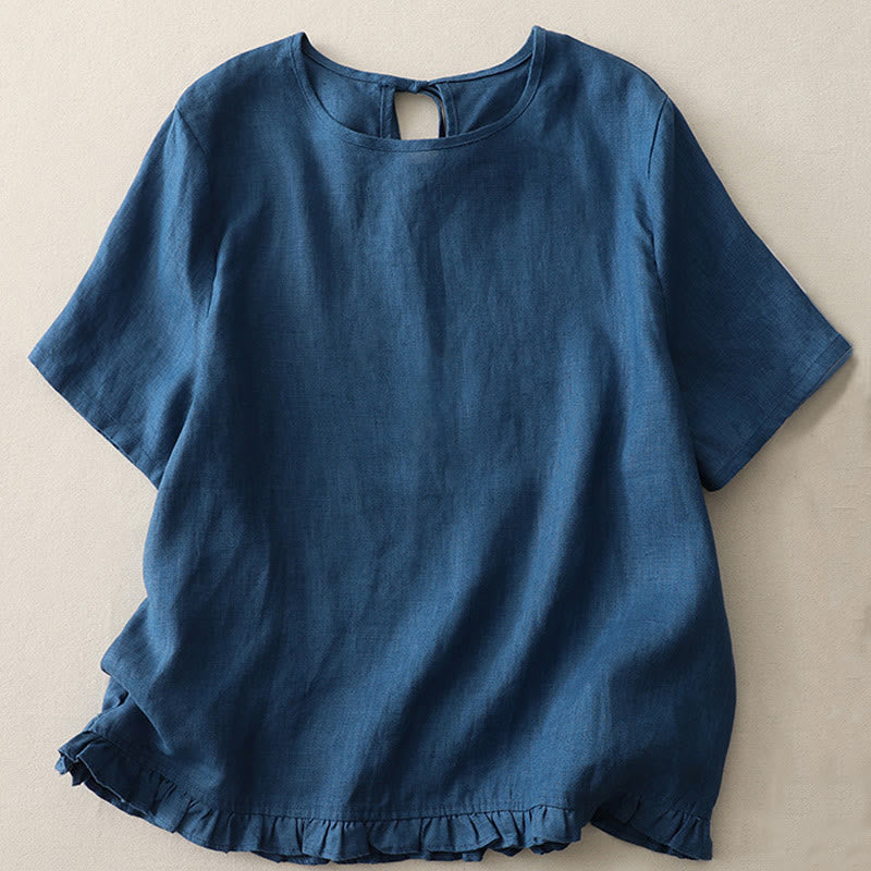 Buddha Stones Casual Plain Ruffled Hem Crew Neck Tie Women's Polyester T-shirt - SteelBlue - US8-10,UK/AU12-14,EU40-42 (2XL) - image 14