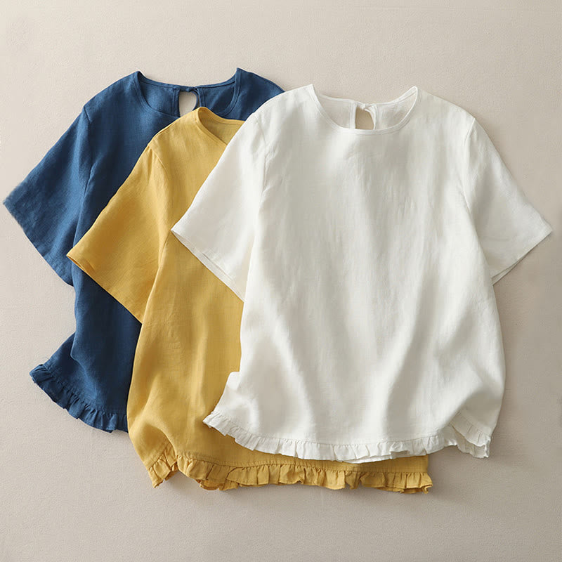 Buddha Stones Casual Plain Ruffled Hem Crew Neck Tie Women's Polyester T-shirt - image 17