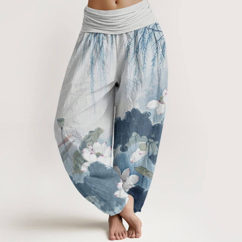 Buddha Stones Casual Ink Lotus Flower Pattern Women's Elastic Waist Harem Pants - SkyBlue - US22,UK/AU26,EU54 (6XL) - image 8